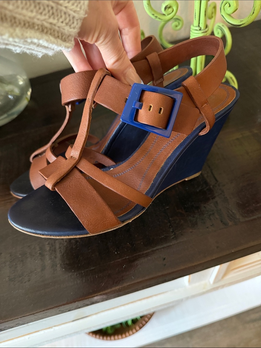 BOSS ORANGE Brown Leather Wedge Sandals with Blue Buckle